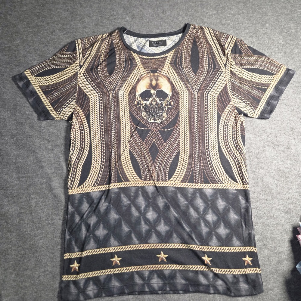 Zara Man Gold Skull Chains Stars Design T Shirt Light Short Sleeve Mens Size M